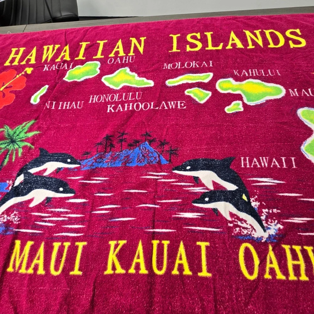 Favant‎ Hawaiian Islands Beach Towel Pink Cotton Map Maui Kauai Dolphins 62x37